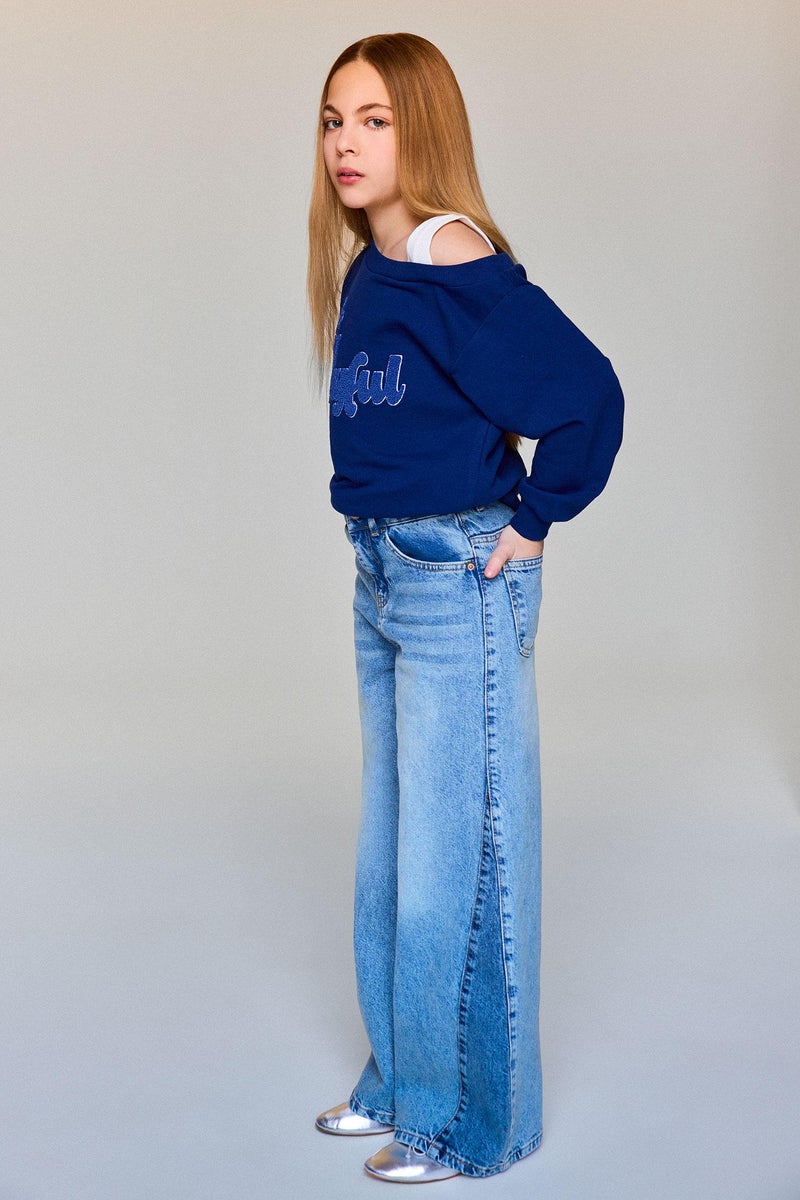 DeFacto Blue Girl Girl Wide Leg Denim Trousers Casual - Image 2